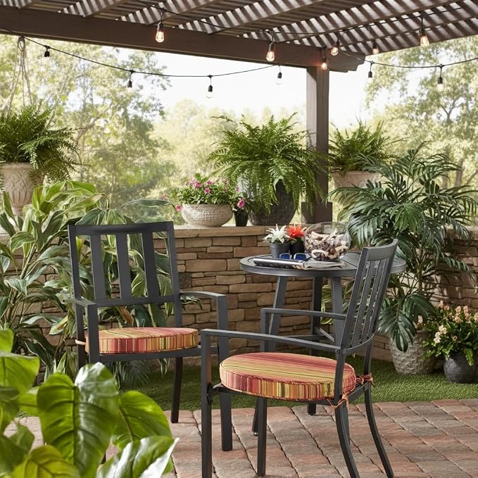 Set of 2 Outdoor 18 inch Round Patio Dining Chair Pads – Comfortable Fiber-Filled Seat Cushions with Ties, Reversible Polyester Fabric, Kinnabari Stripe