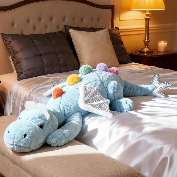 ARELUX Large 50in 3Lb Cute Dragon Stuffed Animals Plush Toy Soft Sky Blue Pterosaur Plushie Giant Fuzzy Dinosaur Pillow Plushies with White Wings Cuddly for Friends