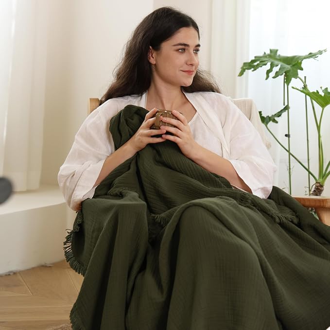 MooMee Muslin Blanket - 100% Cotton 4-Layer Gauze Throw Blanket with All-Around Fringe, Soft Breathable Lightweight Cooling Summer Blankets for Bed Couch (Olive Green,King 104" x 90")