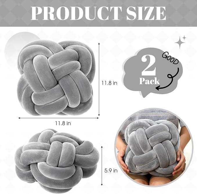 Beeveer 2 Pcs Knot Pillow Balls Set, 12 Inch Soft Decorative Throw Knot Pillow Ball, Large Square Knotted Floor Cushion for Living Room Bedroom Sofa Couch Bed Home Decoration(Light Gray)