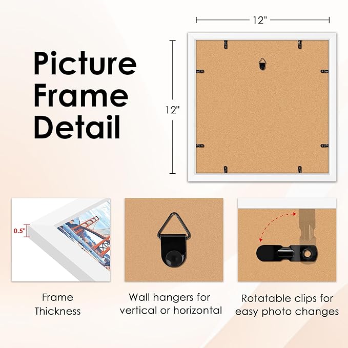 FIXSMITH 12x12 Picture Frame White Set of 2, Photo Frame with HD Plexiglass, Display Pictures 8x8 with Mat or 11x17 Without Mat, White Picture Frames Collage Wall Decor, Gallary Wall Frame
