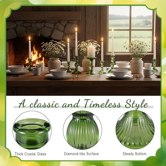 Mumufy 10 Pcs Glass Crystal Taper Candle Holders Clear Glass Candlestick Holder Fit 0.8 Inch Candles Crystal Decorative Candle Stand Centerpiece Table Wedding Dining Party (Classic,Green)