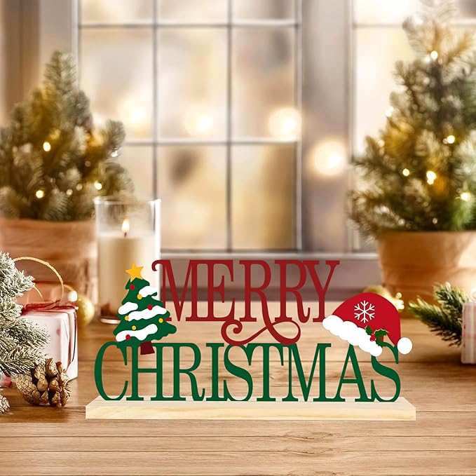 COCHIE Metal Merry Christmas Sign, Christmas Tree Table Centerpieces Decorations for Home, Office, Shelf, Mantel, Indoor, Xmas Red and Green Party Decor Supplies (XMAS A)