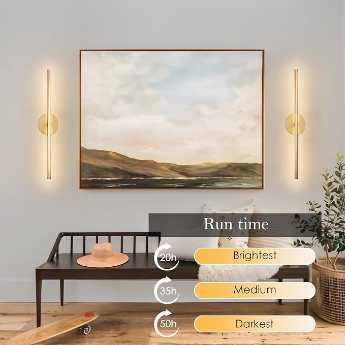 KARTOOSH Battery Operated Wall Sconces, Dimmable Wall Sconces Set of Two, 350°Rotate, 3000K LED Gold Wireless Wall Light for Living Room, Bedroom, Hallway, 20.4 Inch (2 Pack)