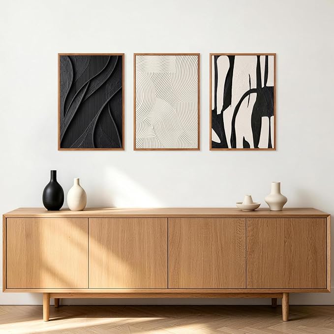 CHDITB 3D Impasto Relief Framed Canvas Wall Art Set, Black White Abstract Curve Geometric Minimalist Wall Decor, Modern Textured Art Prints for Living Room Hallway Bedroom Home Wall Decor 16"x24"x3