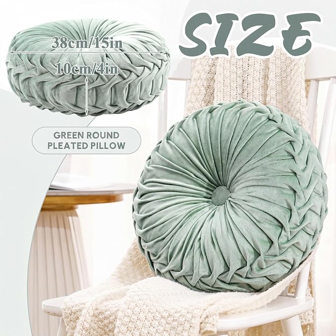 Drydiet 1 Pcs Round Throw Velvet Pillows Decorative Pleated Throw Pillows Diameter Accent Pumpkin Boho Chair Cushion for Couch Sofa Home Decoration (Sage Green,15'')