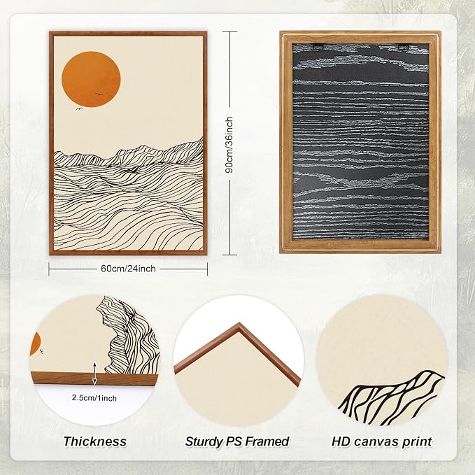 LHIUEM Abstract Wave Line Mountain Framed Canvas Wall Art,Boho Sun Wall Decor,Minimalist Beige Artwork for Living Room,Bedroom,Dining Room,Office -24"x36"x3