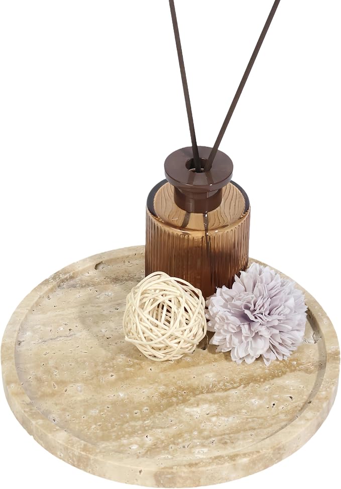 Natural Marble Vanity Tray, Round, 8.3 Inch, with Anti-Slip Pads, for Bathroom, Jewelry, Perfume Display, Coffee Table Decor (Travertine)