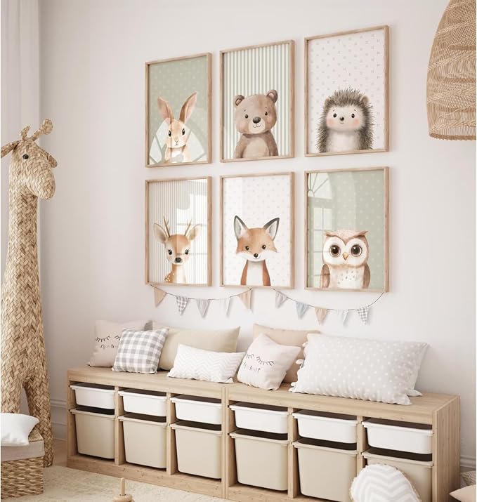 Woodland Animal Nursery Wall Art Decor Baby Kids Canvas Poster Safari Animal Wall Decor Jungle Forest Prints Bear Fox Deer Pictures Sage Green Painting Neutral Artwork for Bedroom 12x16 Inch Unframed