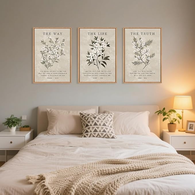 Vintage The Way The Truth The Life Framed Canvas Wall Art Set,Boho Floral Christian Scripture Wall Decor,Religious Botanical Psalm Verse Artwork for Living Room,Bedroom,Prayer Room-16"x24"x3