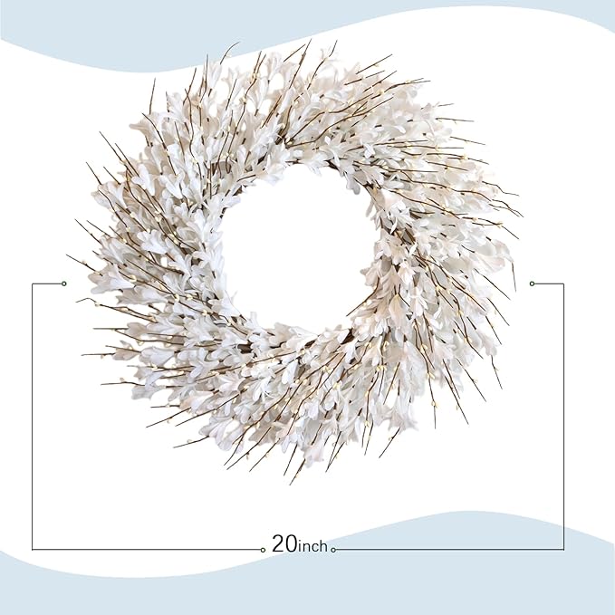 Bibelot 22inch Artificial Forsythia Flower Wreath Spring Summer Fall Wreath Silk Leaves for Front Door Decoration Porch Farmhouse Patio Garden Home Decor (White)