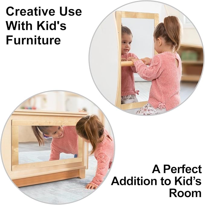 3-in-1 Baby Montessori Wooden Frame Non-Shatter Safety Mirror w/ 2 Pull Up Bars, Infant Coordination Small Mirror for 6-18 Months