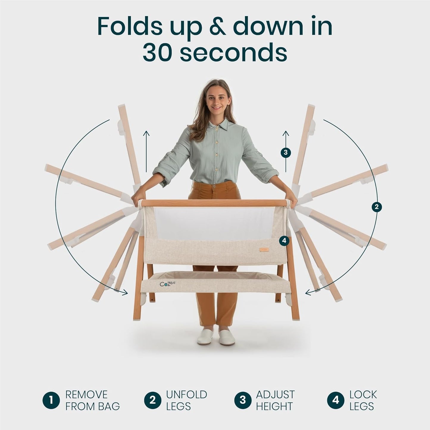 CoZee® 2-in-1 Baby Bassinet & Bedside Sleeper - Fast-Folding Bedside Bassinet, Baby Crib with 6 Mattress Heights & Breathable Mesh Window, Mattress Included, 0-6 Months (Walnut & Ecru)