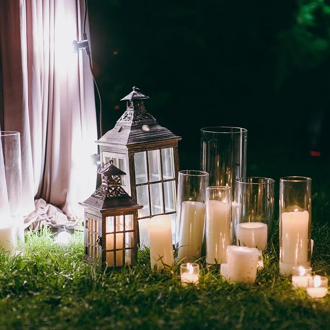 Shihanee Set of 12 Pillar Candles and Glass Cylinder Vases Assorted Sizes Cylinder Holders for Pillar Candles Home Table Centerpieces Wedding Party Decorations (White)