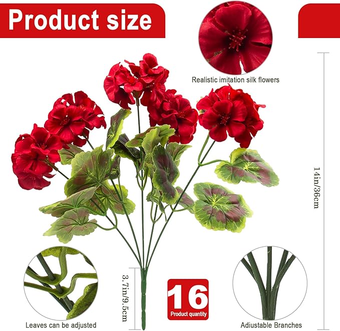 lovemoon 16 Pcs Artificial Geranium Plant Realistic Silk Flowers for Outside UV Resistant Faux Geraniums Flowers for Indoor Outdoor Home Garden Office Decoration (16, Red)
