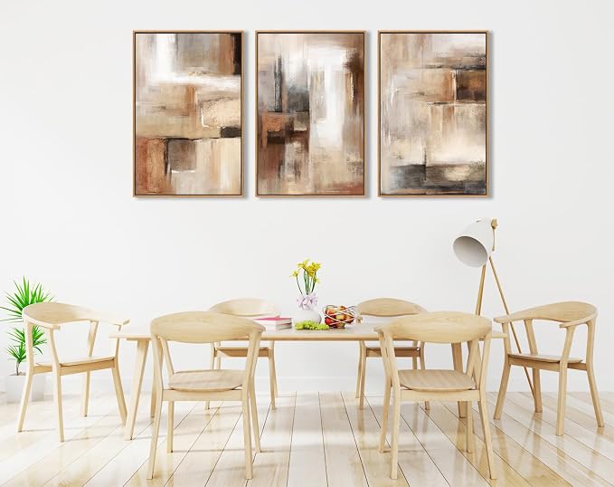 Large Framed Canvas Wall Art - Natural Float Framed Brown Abstract Picturtes for Living Room Decor Brown Abstract Painting Artwork Prints for Bedroom Kitchen Home Office Decor 48" X 24" Set of 3
