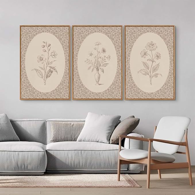 Rantodecor Vintage Flower Framed Canvas Wall Art Triptych, Rustic Floral Wall Decor, Retro Sketch Botanical Art Paintings, Antique French Cottage Artwork for Girls Bedroom Living Room Bathroom 24"x36"