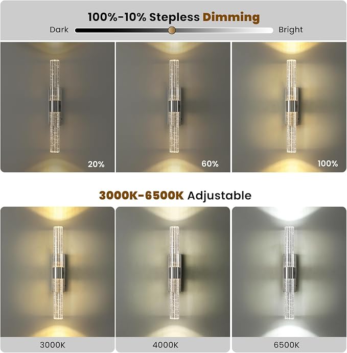 Battery Operated Wall Sconces Set of Two - Rechargeable Wireless Nickel Sconces with 12000mAh Remote Control Modern Crystal Wall Lights Cordless Wall Lamps for Bedroom Living Room Bathroom