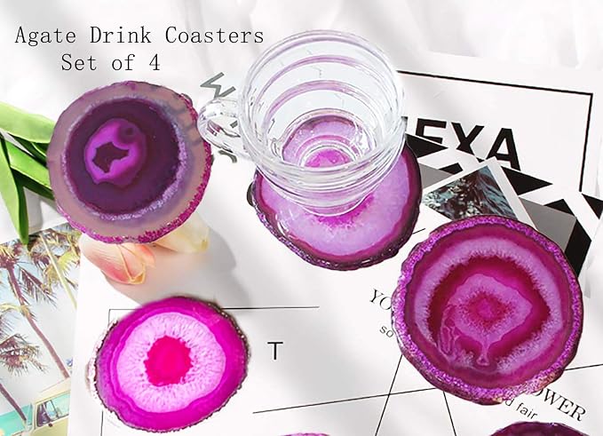 JIC Gem Dyed Pink 3.5-4" Agate Coaster Sliced Natural Agate Coaster for Coffee Cup Home Decor with Rubber Bumper Set of 4