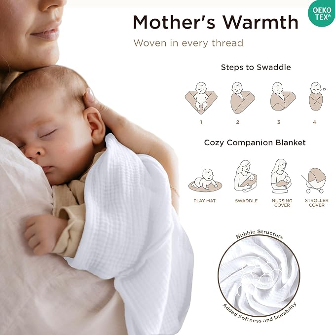 Threadmill Muslin Swaddles for Newborns| 4 Layer Swaddle Baby Blankets | Multi Use Muslin Blankets 41 x 37| Ultra-Soft Breathable Baby Wrap for Boys & Girls| Registry Essential| White