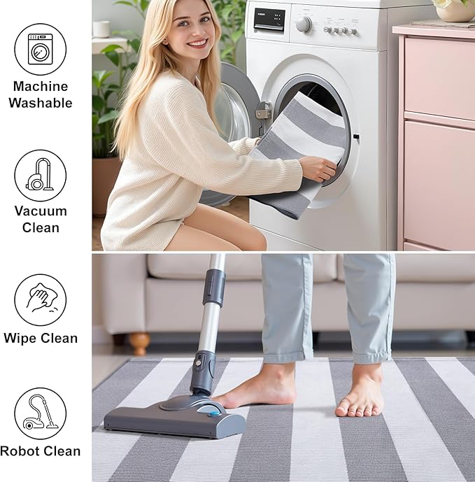 OLANLY Grey and White Striped Rug 3' x 5' – Washable Cotton Indoor Outdoor Doormat for Front Door, Entryway, Kitchen, Porch, Patio Decor