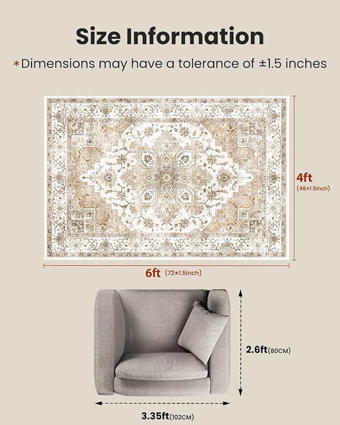 AMADA HOMEFURNISHING 4x6 Washable Area Rug, Low-Profile Entryway Rug with Non-Slip Backing & Durable Edge Binding, Vintage Rugs for Bedroom, Entryway & Kitchen