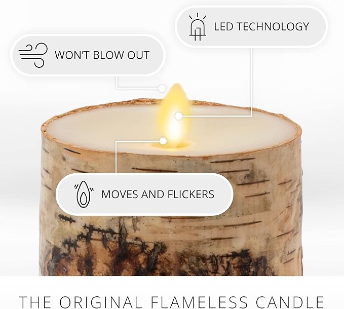 Luminara Realistic Artificial Flame Pillar Candle Wrapped with Real Birch Bark - Moving Flame LED Battery Operated Lights - Unscented - Remote Ready - Remote Sold Separately - 4.0" x 7.0"