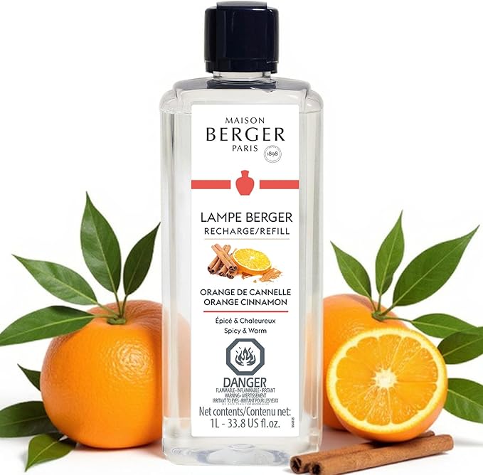 Maison Berger Orange Cinnamon Lampe Berger Refill, 1 Liter (33.8 fl oz), 2-in-1 Catalytic System, Neutralizes Odors and Diffuses Fragrance, Ginger, Orange, Tonka Bean, Nutmeg, Cinnamon, Made in France