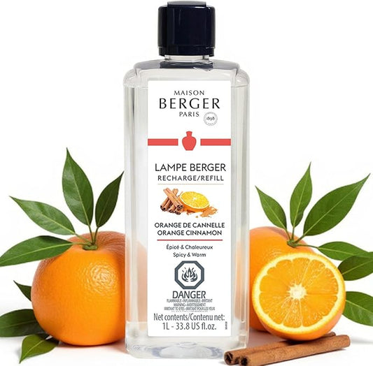 Maison Berger Orange Cinnamon Lampe Berger Refill, 1 Liter (33.8 fl oz), 2-in-1 Catalytic System, Neutralizes Odors and Diffuses Fragrance, Ginger, Orange, Tonka Bean, Nutmeg, Cinnamon, Made in France