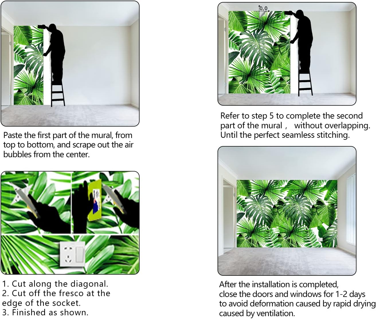 Tropical Green Botanical Leaf Wallpaper Bedroom Plant Mural Room Decor Living Room tv Background Large Wall Mural - 91"x65" (Not Peel and Stick)