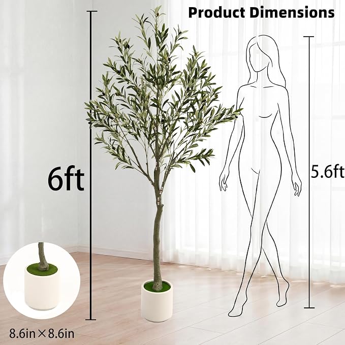 6ft Fake Olive Tree Artificial Indoor,Faux Olive Tree with Pot,Large Olive Branches and Lifelike Fruits,for Home Office House Living Room Decor.