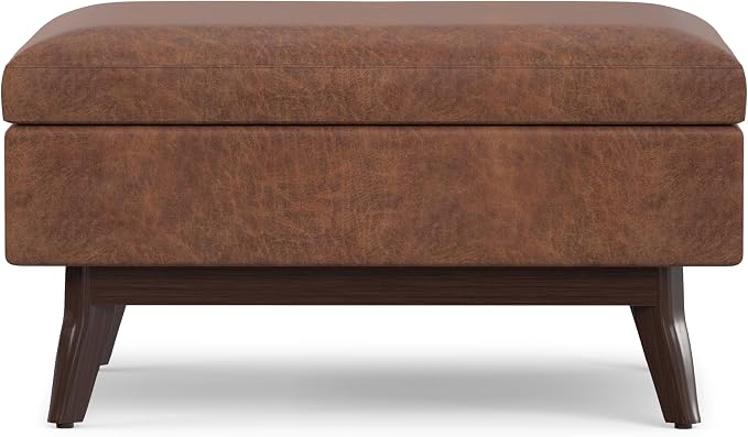 SIMPLIHOME Owen Coffee Table Storage Ottoman - 34" Wide x 19" High Upholstered Vegan Leather Rectangular Lift-Top Ottoman in Distressed Saddle Brown, Mid-Century Modern Bench with Tapered Legs