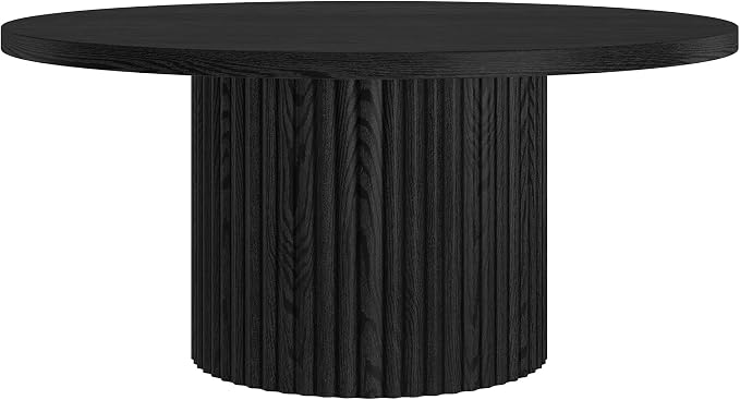 Henn&Hart 32" Fluted Round Wooden Pedestal Low-Profile Coffee Table with Ribbed Pedestal Base for Living Room, Family Room, Office, or Apartment, Natural Black