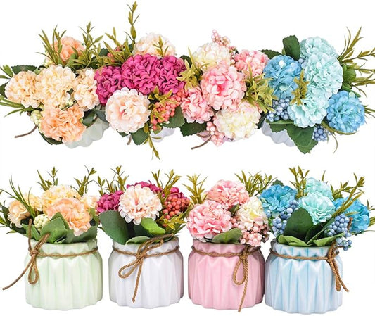 Artificial Flower Plants – Mini Fake Hydrangea Flowers in Pot for Home Decor Party Wedding Office Patio Table Desk Decoration, Set of 4, Size: 3.3''(Diameter) x 5.5''(Tall)