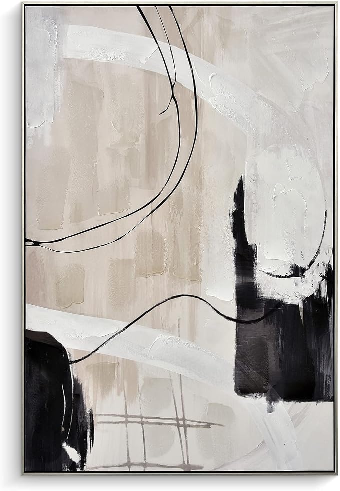 Creoate Framed Wall Art, Abstract Hand Painted Painting Textured Canvas Print Artwork Neutral Wall Art for Bedroom, Living Room Wall Decor, Ready to Hang, 27.5x41.5 Inch
