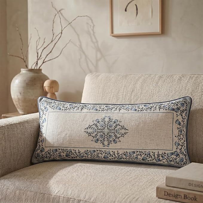 ISAENNE Designer Vintage Linen Throw Pillow Cover,28"x12"-Segerman A | Elegant Chinoiserie Rectangle Pillow Cover,Concealed Zipper Design,Floral Pattern,Sofas,Bedroom,Living Room,Lounge Chairs