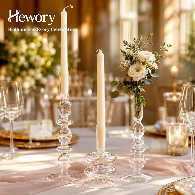 Hewory Glass Candlestick Holders: Clear Glass Taper Candle Holders Set of 3 Vintage Candle Stick Candle Holder, Colorful Glass Candle Holders for Table Centerpiece, Wedding, Dinner, Party, Home Decor