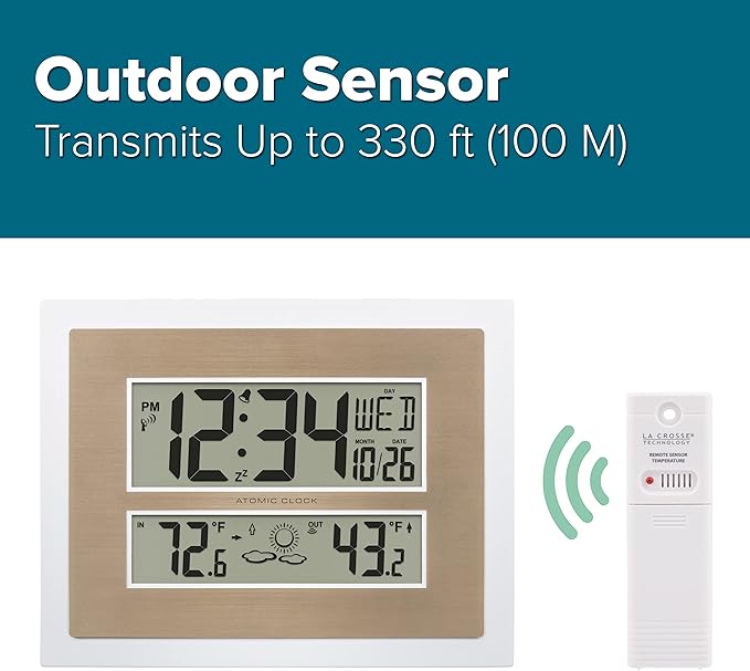 La Crosse Technology 512-14937-INT Atomic Digital Wall Clock with Temperature & Forecast in White/Champagne