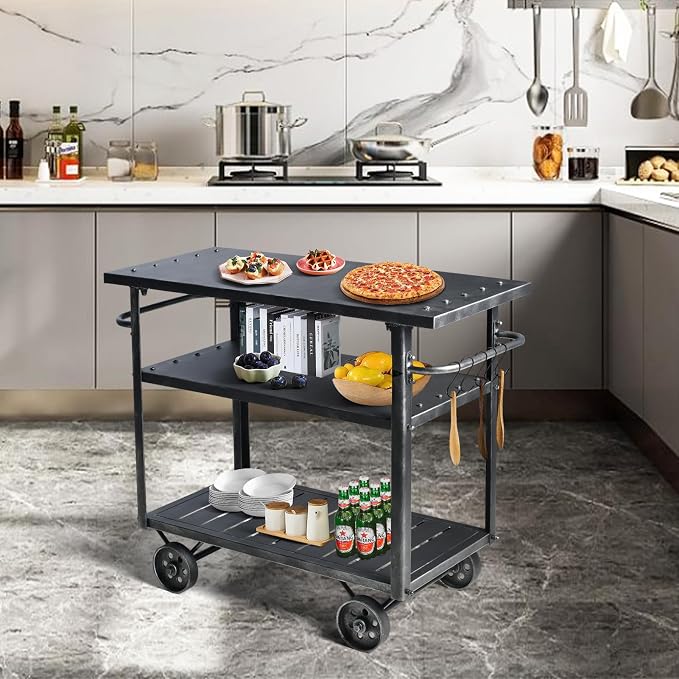 LOKKHAN Rolling Bar Cart with Handle [3 Tier] Home Kitchen Microwave Cart Island On Wheels, Mobile Serving Cart Beverage Cart, Coffee Station (Metal/Wood, Industrial Black)