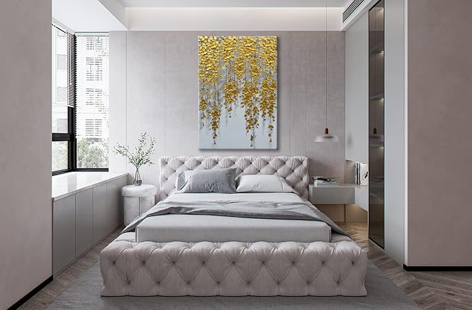 zoinart 3D Modern Oil Painting on Canvas Hand Painted Abstract Flower Paintings Gold Floral Artwork Texture Vertical Canvas Wall Art Contemporary Art