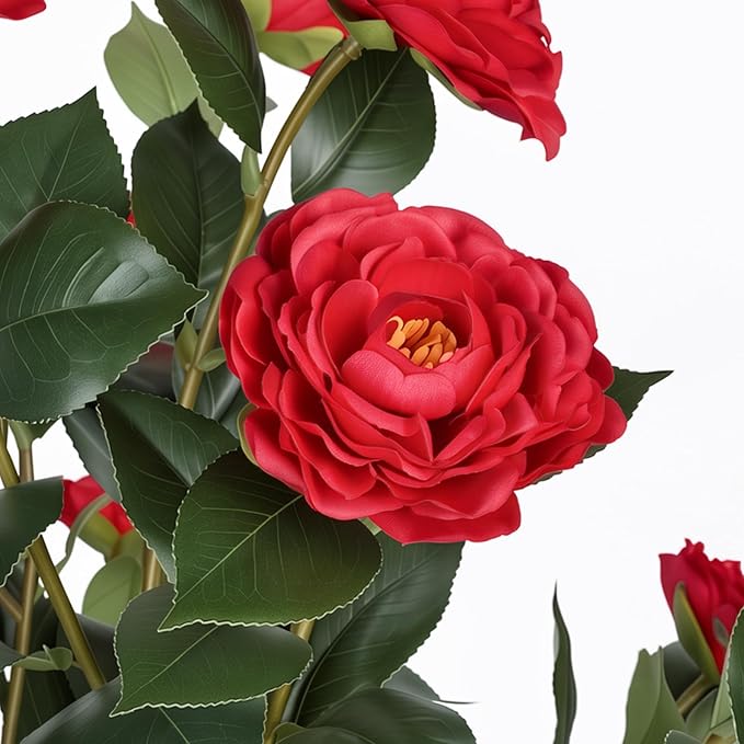 3ft Artificial Camellia Tree 2 Pack, 36" Faux Potted Camellia Plant with Vibrant Red Silk Flowers, UV Resistant Fake Flowering Tree for Front Porch Indoor Outdoor Home Office Floor Decor
