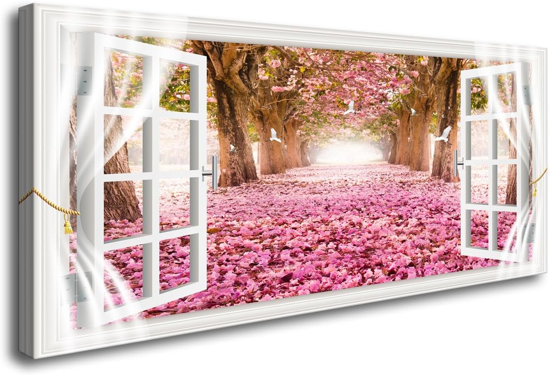 AH40174 Wall Art CanvasTrees and Pink Rose Paintings Printed Pictures Stretched and Framed Ready to Hang for Home Decorations Office Wall Decor Artwork 28x56inch