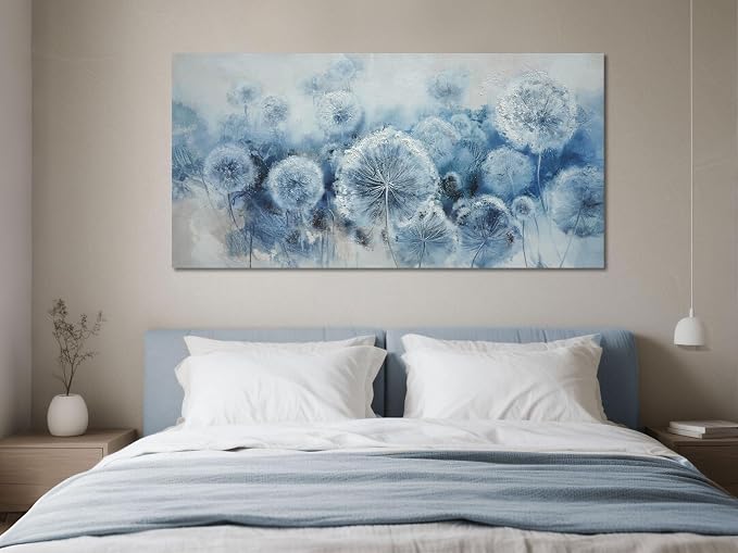 Arjun Large Wall Ar for Living Room, Dandelion Painting Flower Indigo Floral Canvas Art Wall Decor, Blue and White Textured Bedroom Artwork Framed for Home Office Oversize 58"x29"