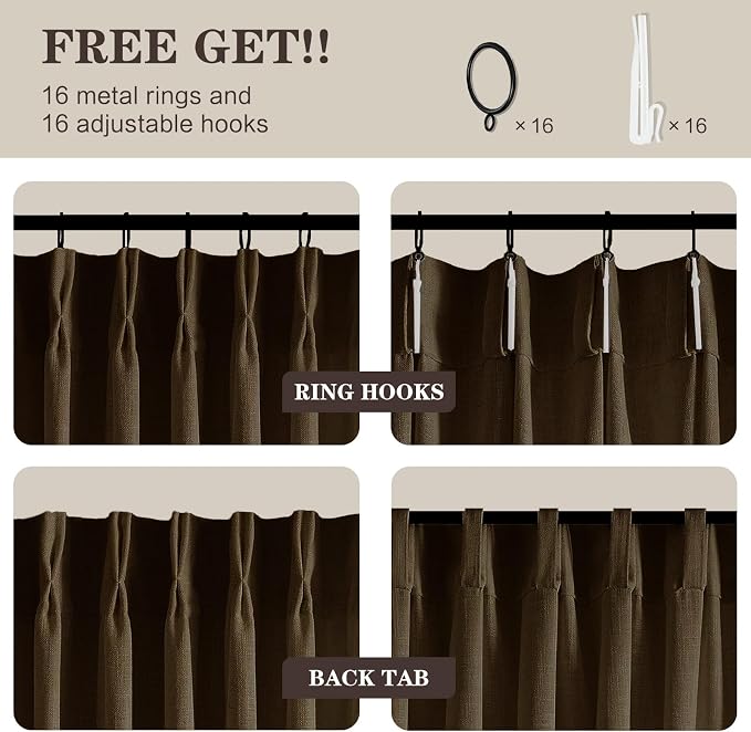 Dark Chocolate Pinch Pleated Linen Curtains 96 Inches Long for Living Room, Light Filtering Pleat Drapes Textured Thick Ceiling Semi-Sheer Window Curtain with Hooks for Bedroom Balcony, 2 Panels