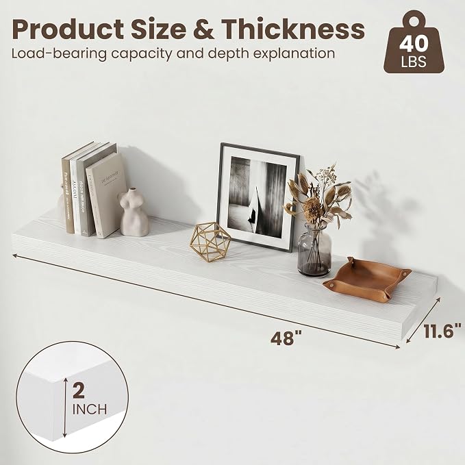Fun Memories 48inch Floating Shelves, 12" Deep Wall Shelves for Storage and Home Decor, White Wall Shelves for Living Room Bedroom Bathroom Kitchen Laundry Room, Set of 2