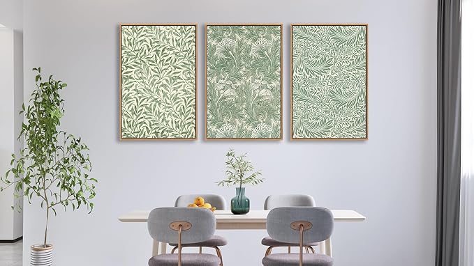 Large Flower Wall Art for Living Room Natural Wood Framed Art Set of 3 William Morris Floral Canvas Pictures Sage Green Artwork Vintage Botanical Leaf Canvas Prints for Bedroom Wall Decor 16"X24"X3
