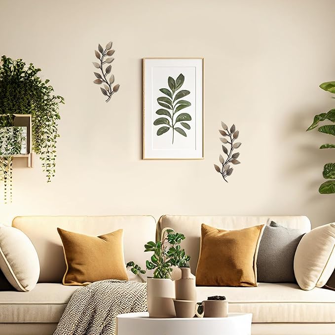 Zhengmy 2 Pieces Metal Tree Leaf Wall Decor Vine Olive Branch Leaf Wall Art Living Room, Hallway Wall Decor Outdoor Decoration(Vintage Brown)