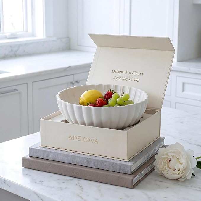 Large 12 Inch Fruit Bowl Handcrafted | Decorative Ceramic Bowl | Decorative Bowl for Keys & Entryway Decor | Modern Home Decor Centerpiece | Chalk White