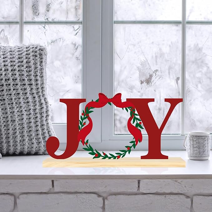 COCHIE Metal Merry Christmas Joy Sign, Christmas Wreath Table Centerpieces Decorations for Home, Office, Shelf, Mantel, Indoor, Xmas Red and Green Party Decor Supplies (XMAS B)