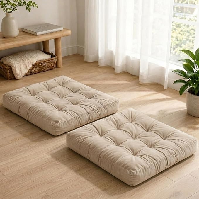 Floor Pillows for Adults Set of 2, Soft Velvet Floor Cushions for Sitting, Square Tufted Floor Pillow Set for Reading Nook, Living Room, Bedroom, 22 x 22 Inch, Beige